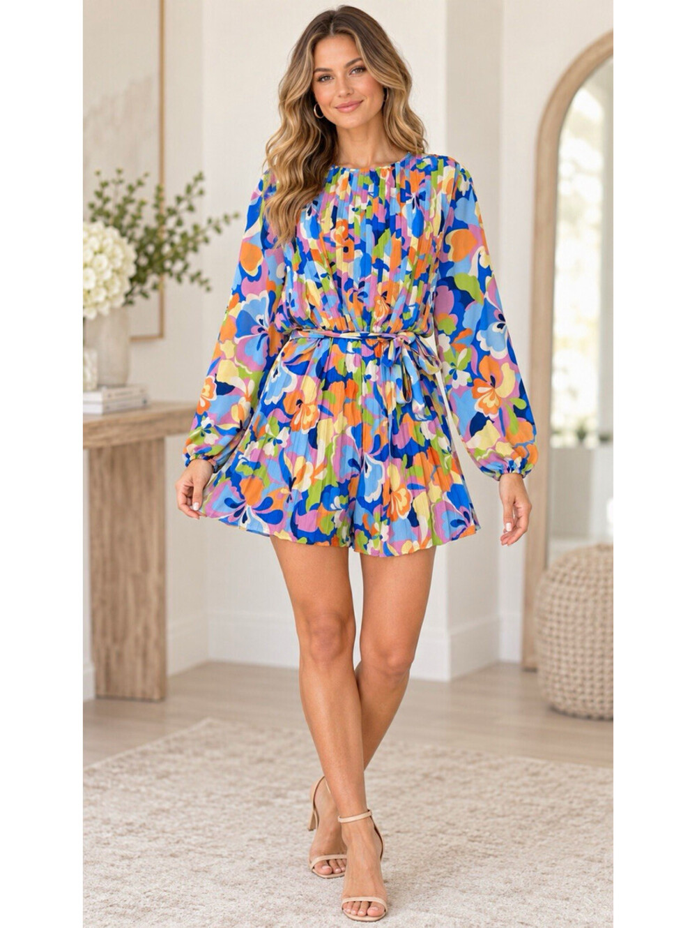 Flying Tomato Floral Pleated Romper Multicolor Long Sleeve Size Medium